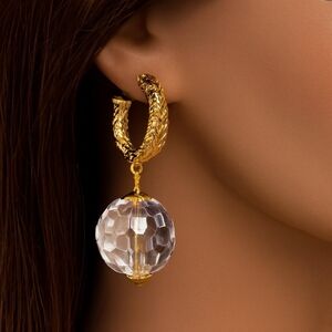 Gold Textured Open Hoop Earrings w/ Clear Crystal Drop – Bold Statement Jewelry